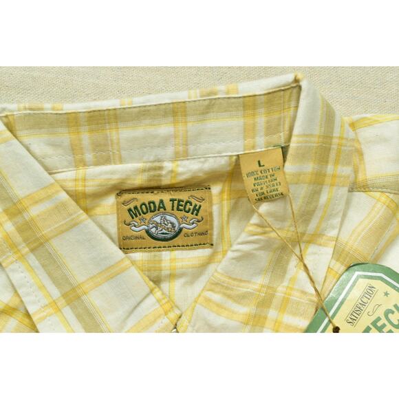 Moda Tech Men's Yellow Plaid Western Snap Shirt Short Sleeve Regular Size L NWT - Picture 7 of 8